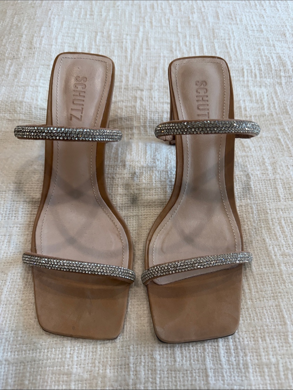 SCHUTZ Blush Tan Crystal Double-Strap Sandals. Size 8